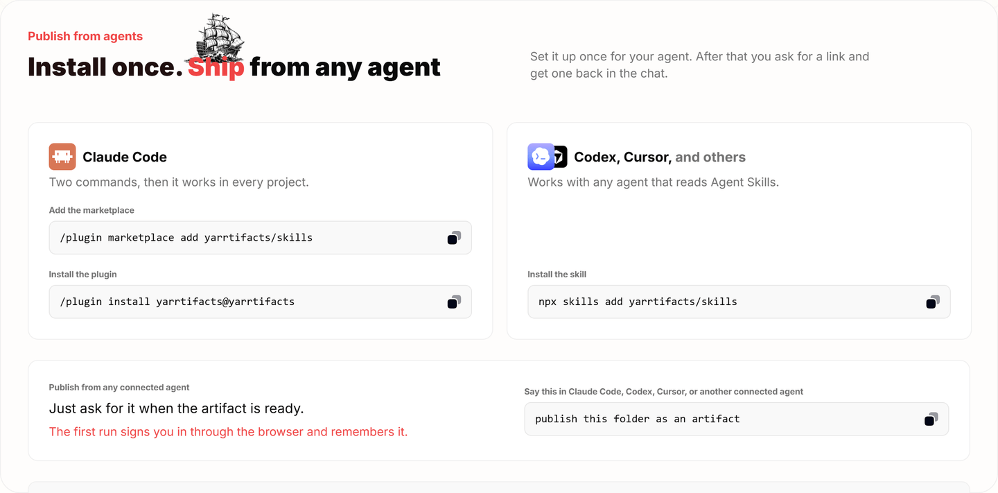 Setup instructions for publishing from Claude Code, Codex and Cursor, with the commands to install the plugin or skill