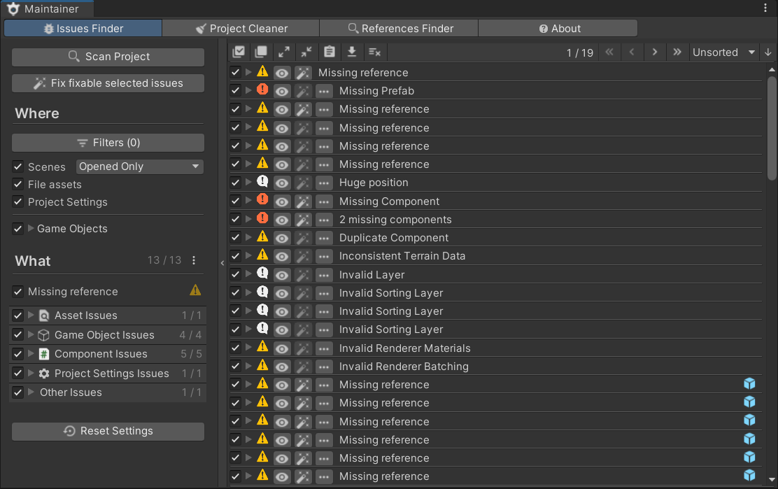 Issues Finder listing missing references, missing prefabs and invalid layers