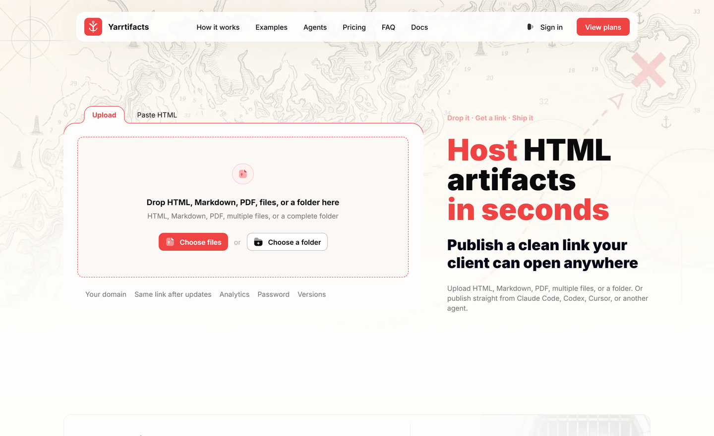 The Yarrtifacts landing page: a drop zone for HTML, Markdown and PDF next to the headline Host HTML artifacts in seconds