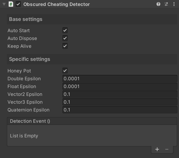 Obscured Cheating Detector component in the Unity inspector