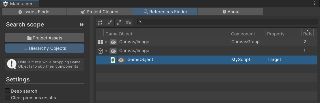 References Finder tracing a component reference inside the scene hierarchy
