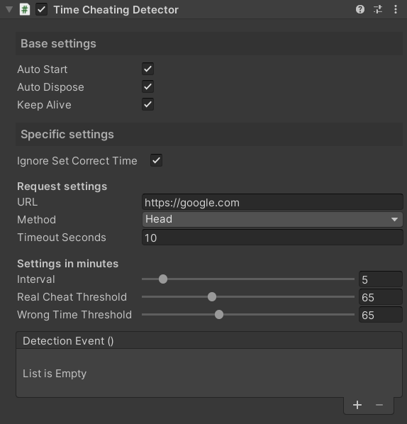 Time Cheating Detector component in the Unity inspector